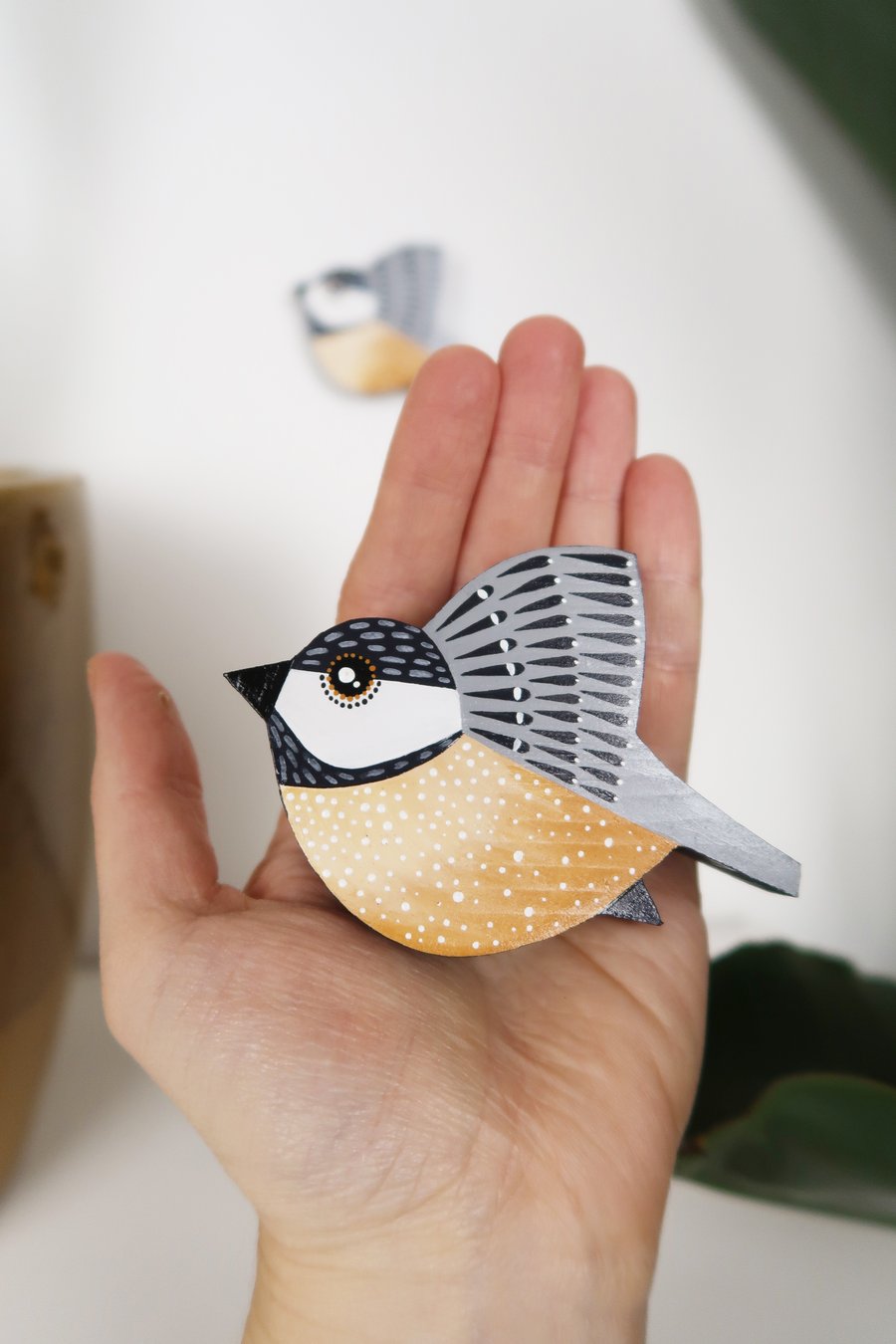 Coal tit wall hanging, miniature flying bird decoration, british birds art.