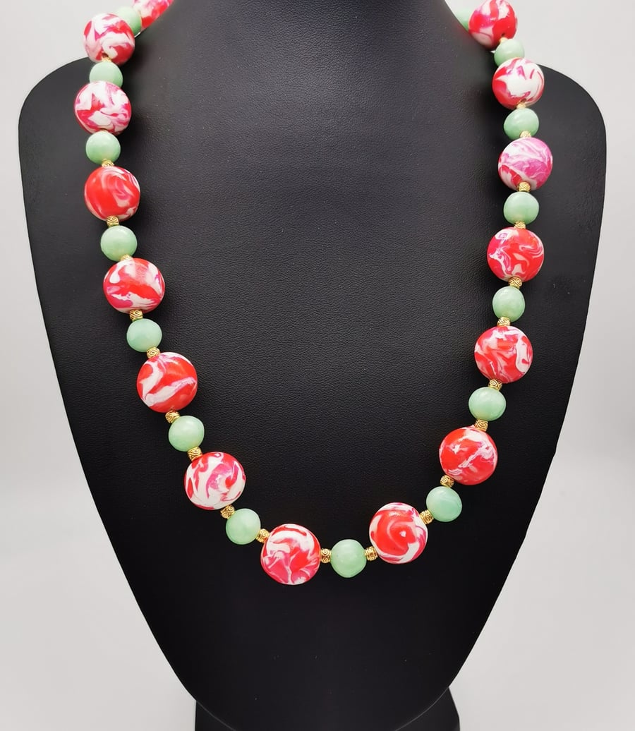  Funky beaded statement necklace, handmade in translucent polymer clay. 