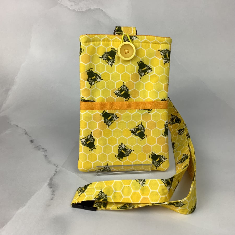 Bees neck bag, Bumble bee phone cover, Travel case, Detachable lanyard, Handmade