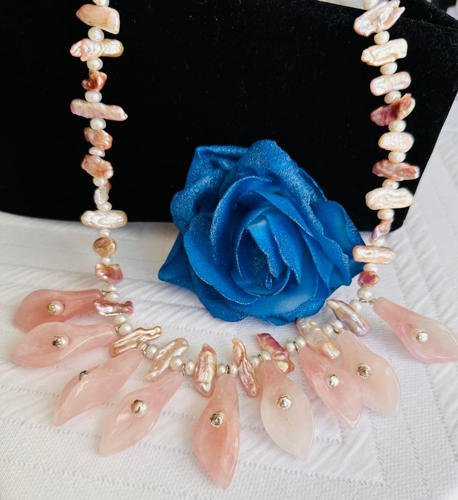 A beautiful bespoke freshwater pearl and pink quartz necklace 