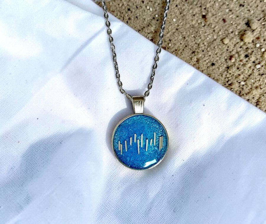 Blue Abstract Design Pendant Necklace - Unisex 18" Silver Chain