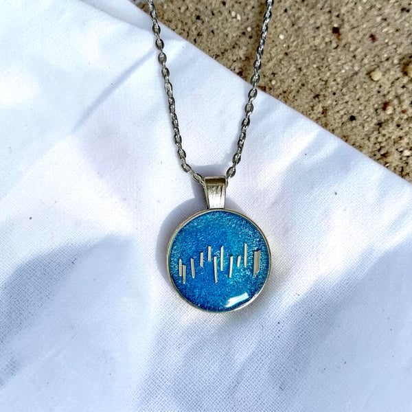 Blue Abstract Design Pendant Necklace - Unisex 18" Silver Chain