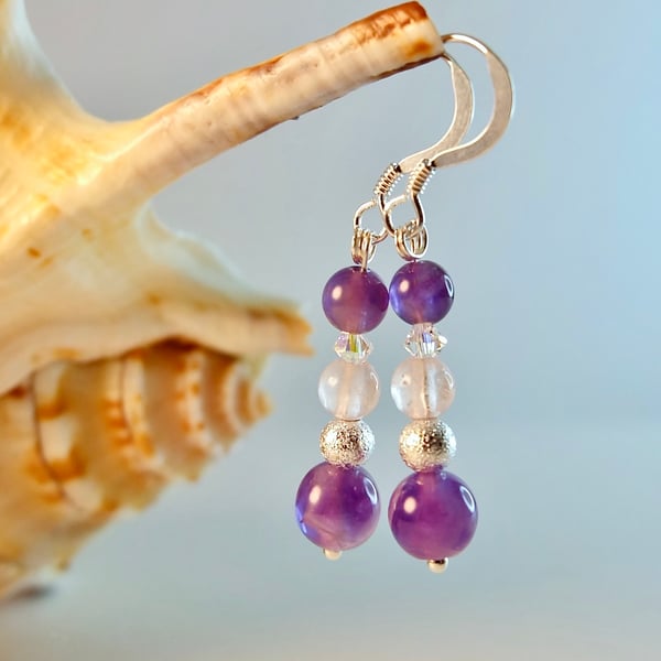 Sage Amethyst & Rose Quartz Earrings With Swarovski Crystals - Handmade In Devon