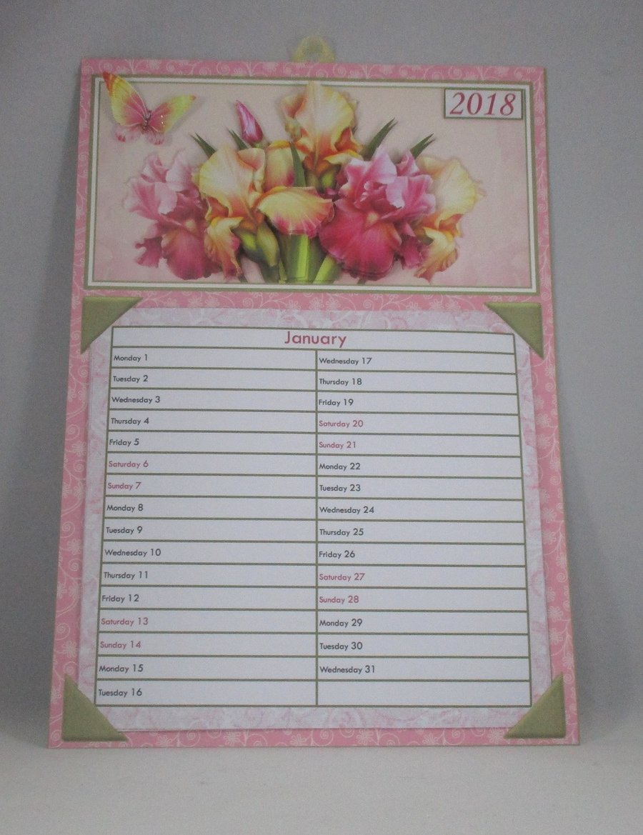 Personal Planner Wall Calendar, 2018, 3D Decoupage ,Flowers,Irises
