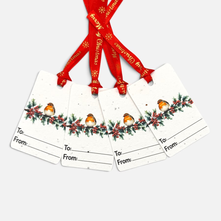 Set of 4 Plantable Christmas Gift Tags, Seed Paper, Robin & Holly Tags