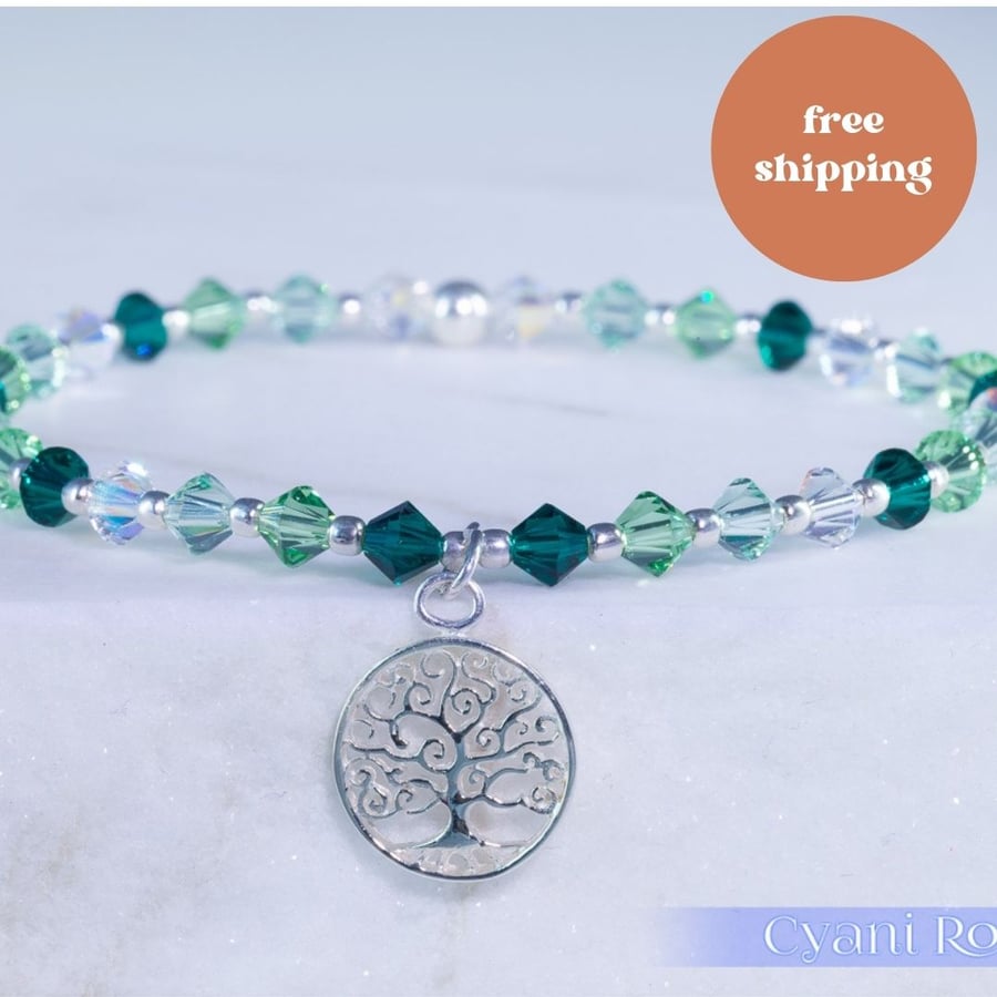 Bracelet swarovski and sterling silver tree of life beaded charm 