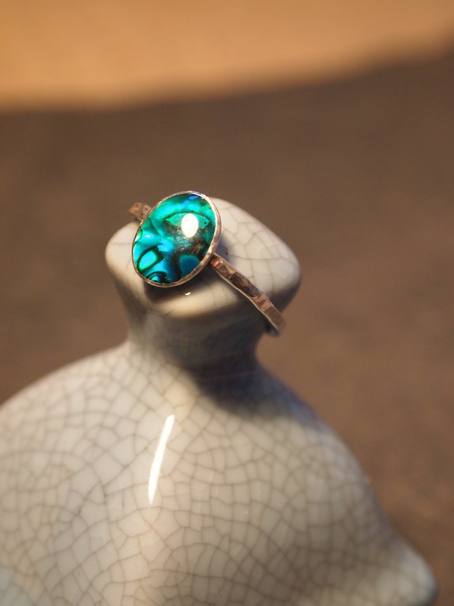 Hammered Sterling Silver and Green Paua Shell Ring