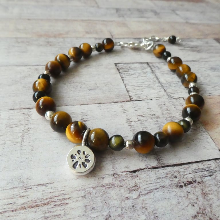 Tigers Eye Stacking Bracelet, Sterling Silver Tiger's Eye Charm Bracelet