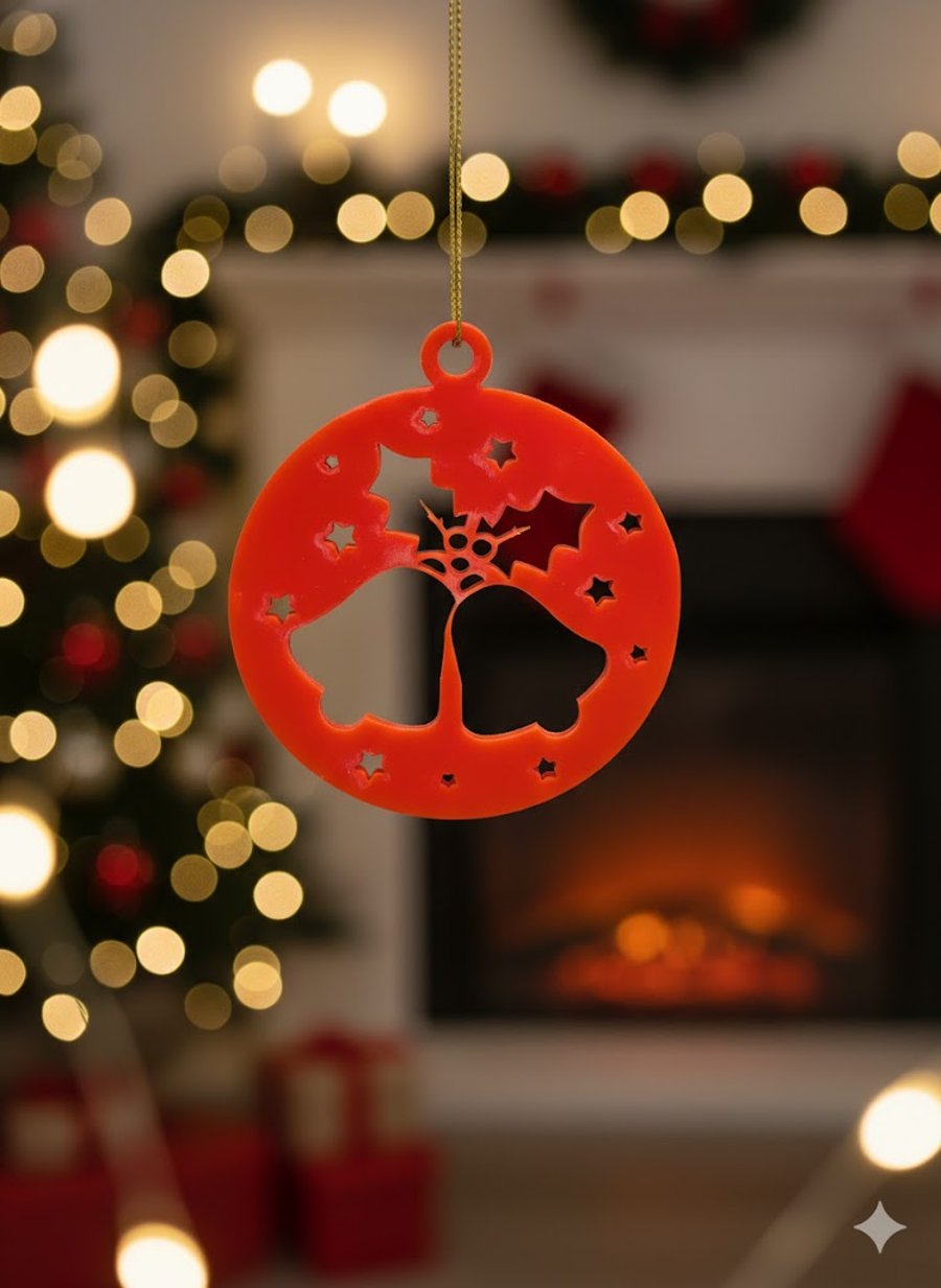 Red Acrylic Christmas Tree Hanger.  Bells & Holly
