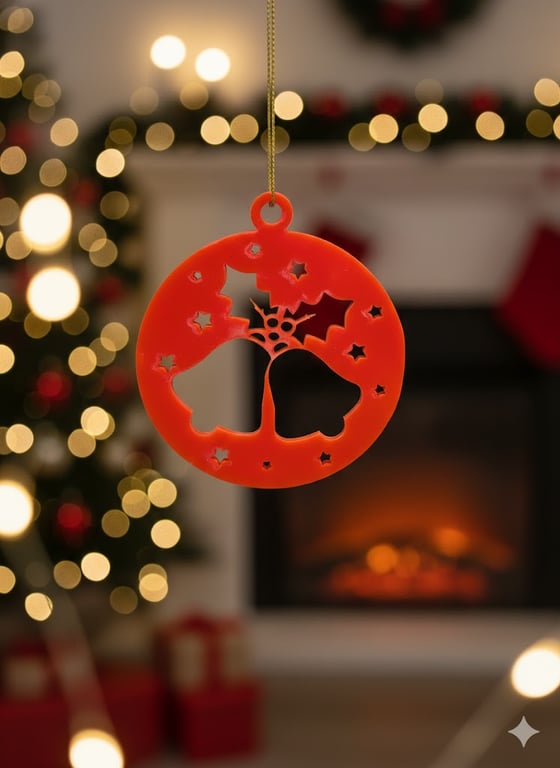 Red Acrylic Christmas Tree Hanger.  Bells & Holly