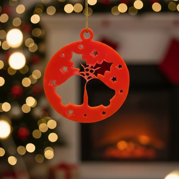 Red Acrylic Christmas Tree Hanger.  Bells & Holly