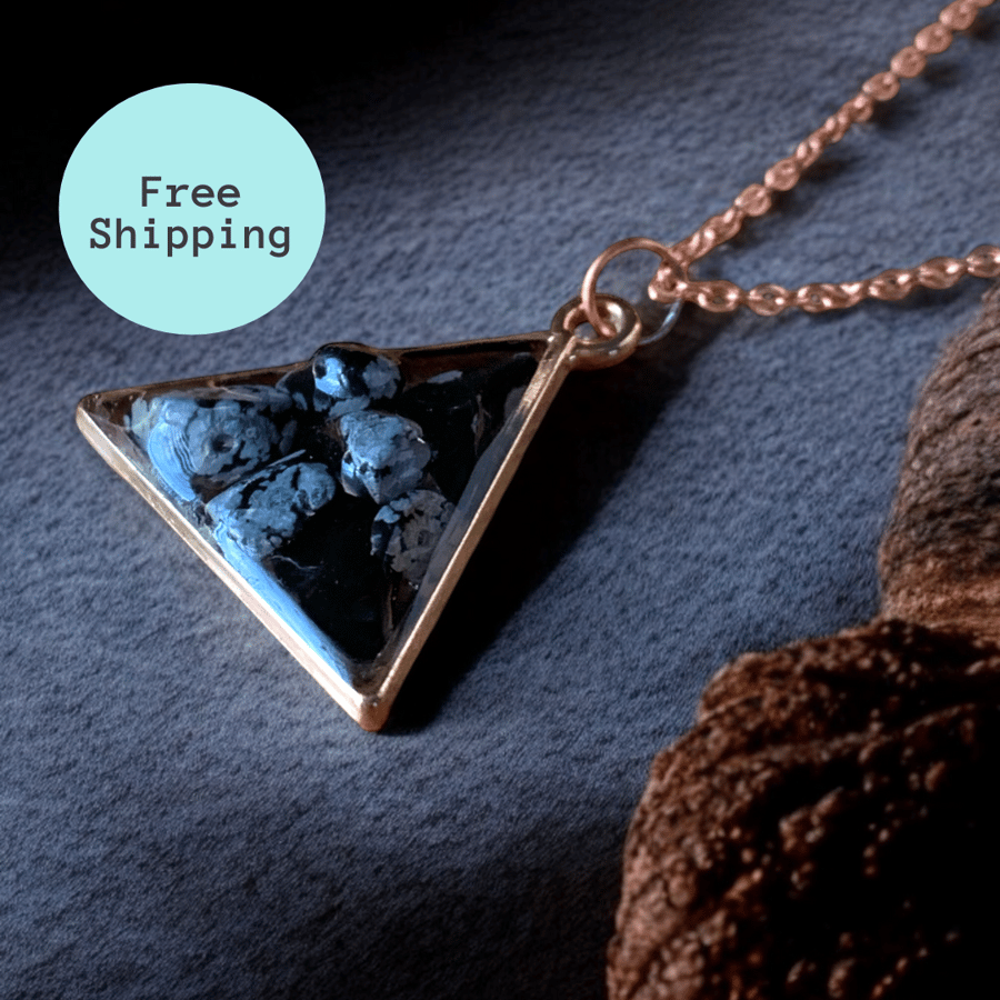 Snowflake Obsidian Rose Gold plated Triangle Worry Stone Necklace - Free Postage