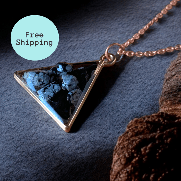 Snowflake Obsidian Rose Gold plated Triangle Worry Stone Necklace - Free Postage