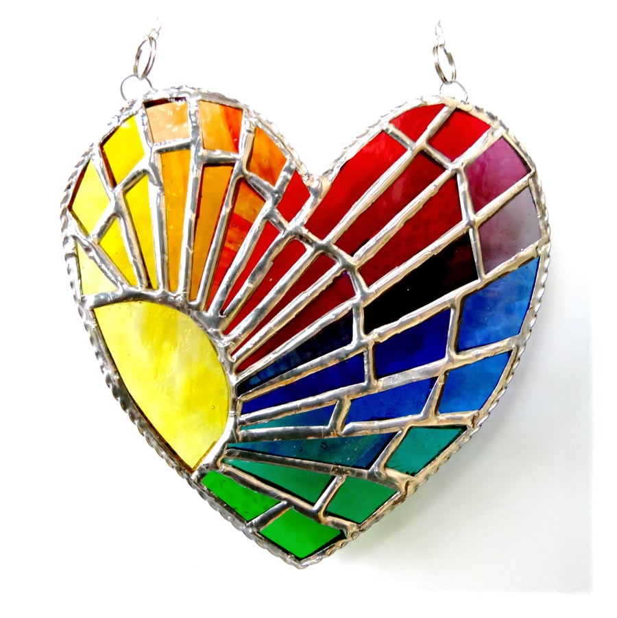 sold 250319 Sun Heart Suncatcher Stained Glass Rainbow Rays Handmade 005