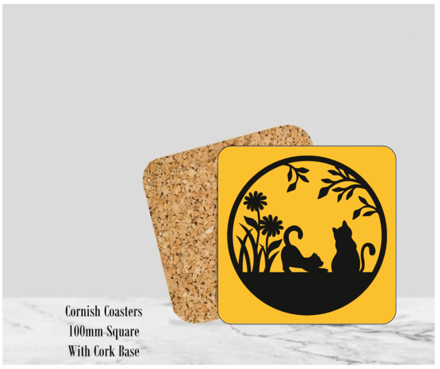 Yellow Silhouette Cats Coaster 4" Square With Cork Base