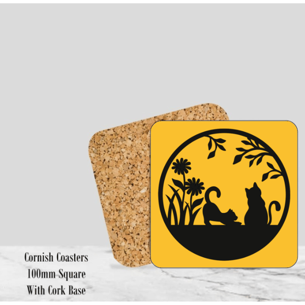 Yellow Silhouette Cats Coaster 4" Square With Cork Base