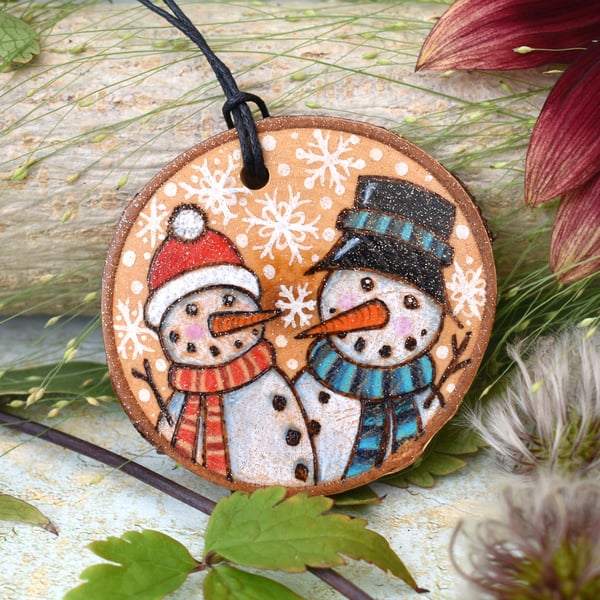 Snowfolk hanging disc. Pyrography cute personalised decoration.
