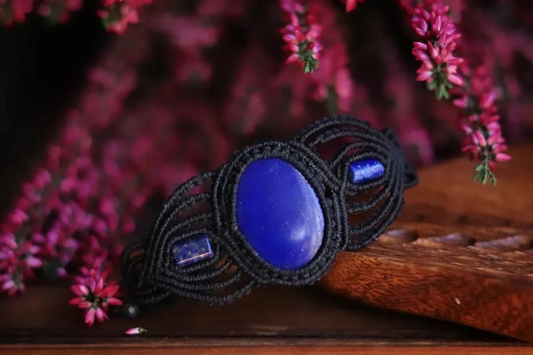 Lapis lazuli macrame adjustable bracelet .