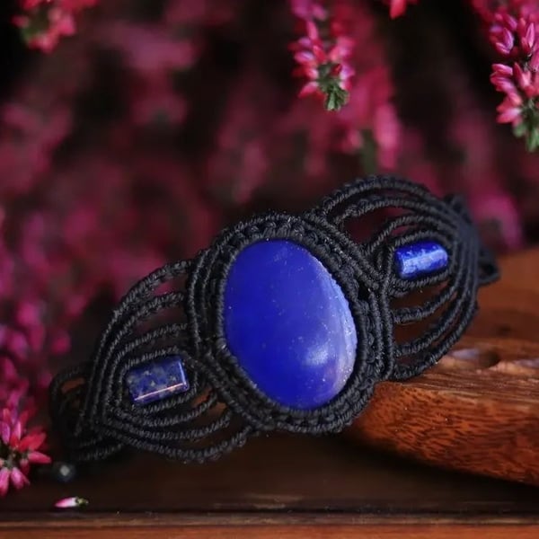 Lapis lazuli macrame adjustable bracelet .