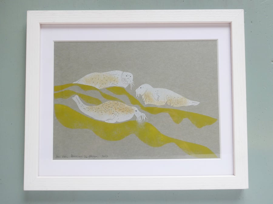 ORIGINAL lino print - ' SEAL VIEW, BERNERAY'