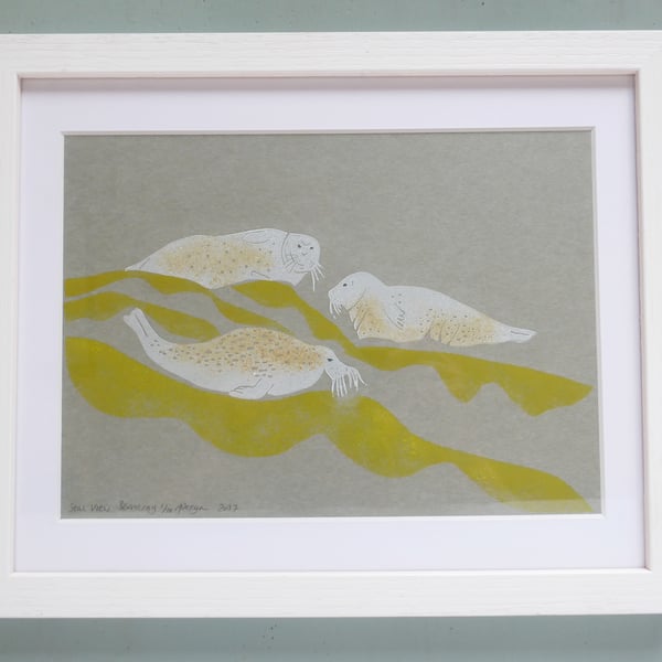 ORIGINAL lino print - ' SEAL VIEW, BERNERAY'