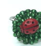 LADYBIRD GRASS RING seed beads ceramic ladybug silver plated  - Image 2