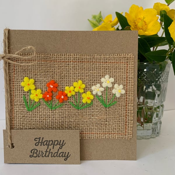 Birthday card. Delicate orange, and yellow flowers. Wool felt. Handmade Card.