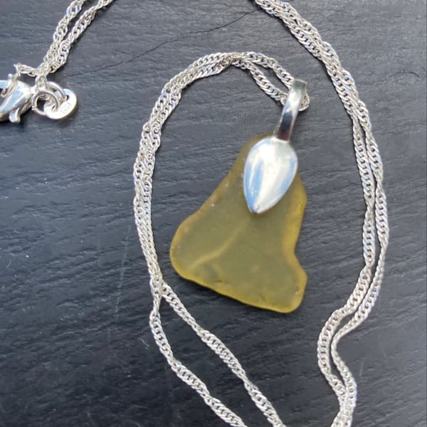 Lemon yellow seaglass pendant on silver plate mount and chain