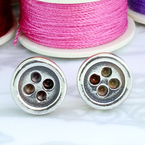  Button ear studs, button earrings, handmade, solid sterling silver buttons 