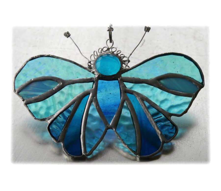 Teal Butterfly Suncatcher Stained Glass Handmade Turquoise 084
