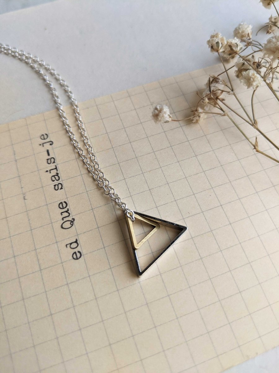 Double Triangle charm necklace - geometric mixed metals on silver - modern