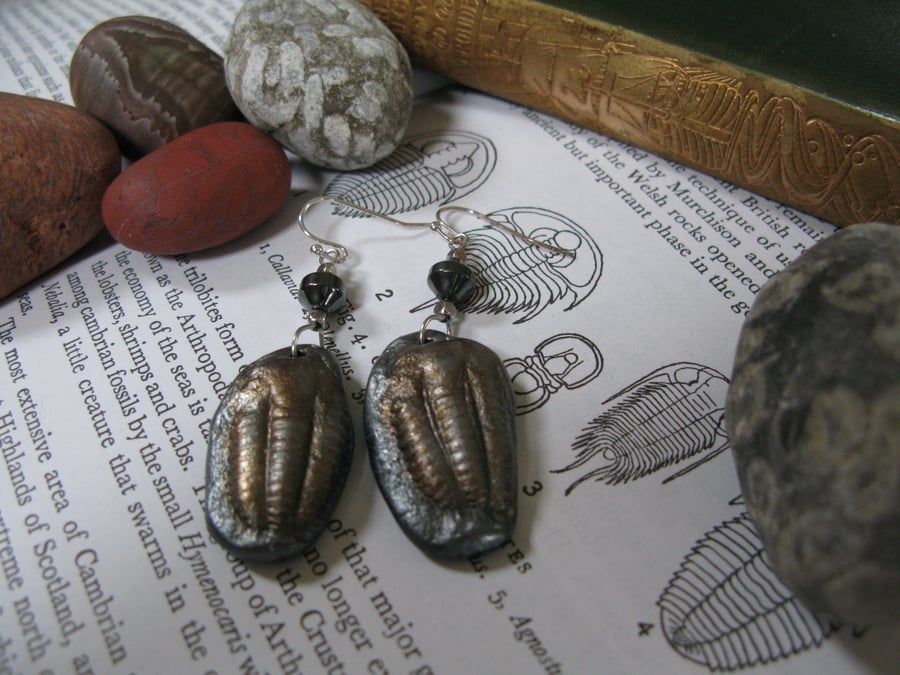Trilobite Fossil Drop Polymer Clay Earrings, Bronze Pewter Clay Geology Earrings