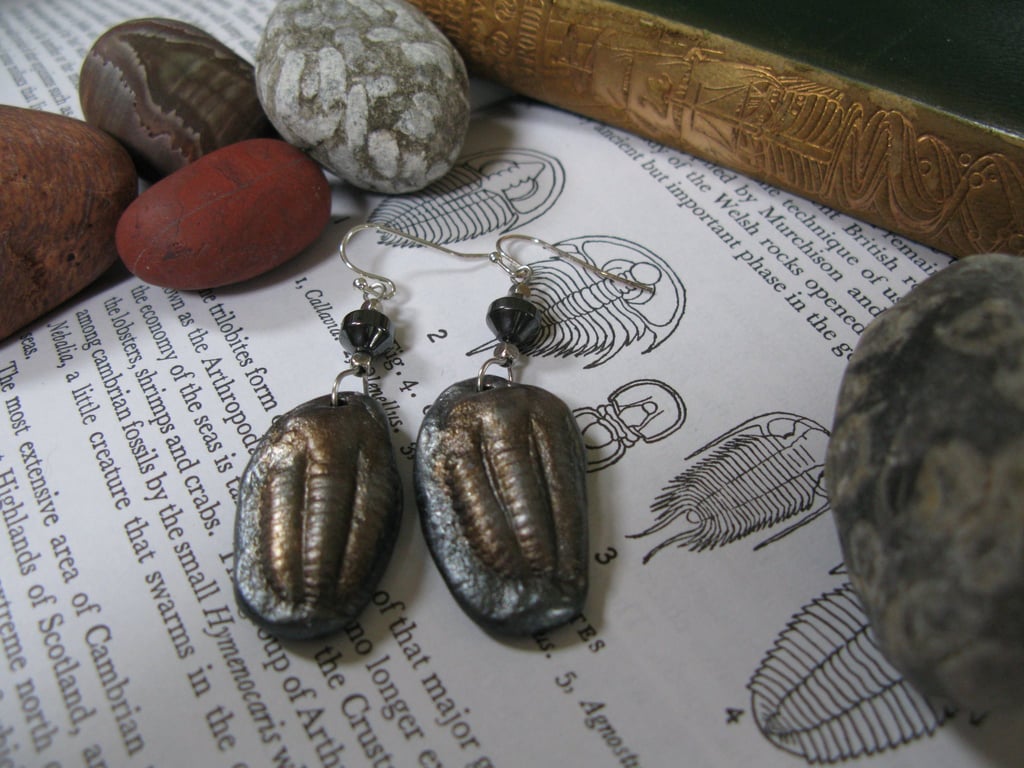 Trilobite Fossil Drop Polymer Clay Earrings, Bronze Pewter Clay Geology Earrings