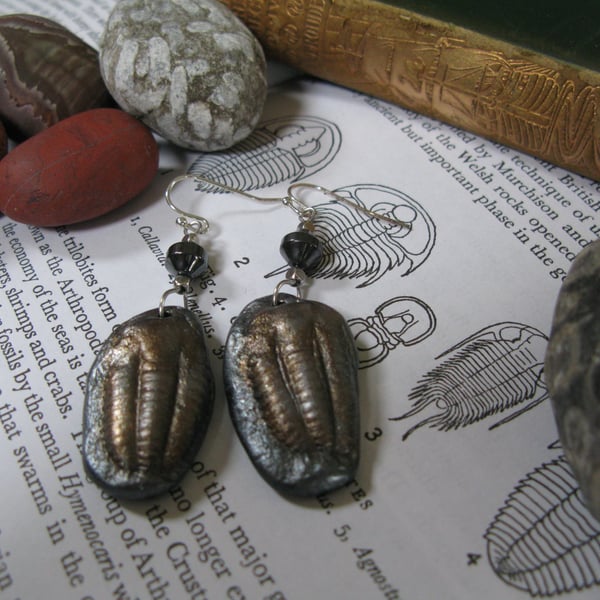 Trilobite Fossil Drop Polymer Clay Earrings, Bronze Pewter Clay Geology Earrings