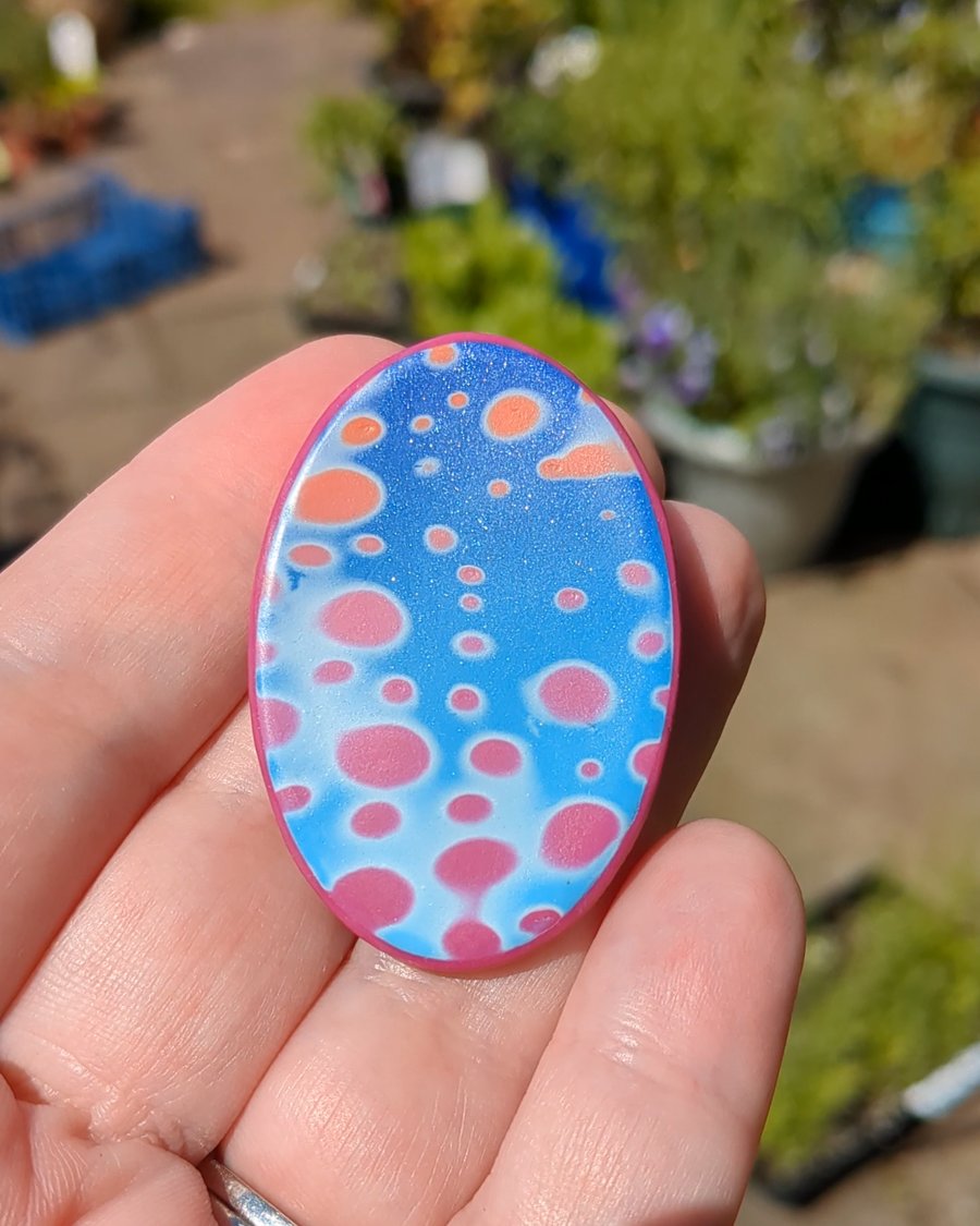 Blue, Pink & Orange Oval Pendant, Chunky Polymer Clay Necklace, Bubble Design