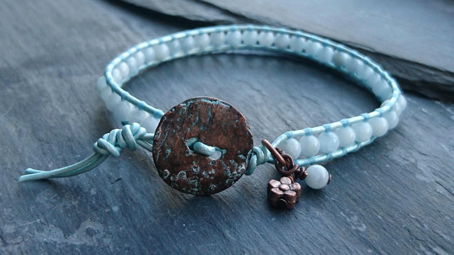 Aquamarine and leather beaded bracelet, March birthstone