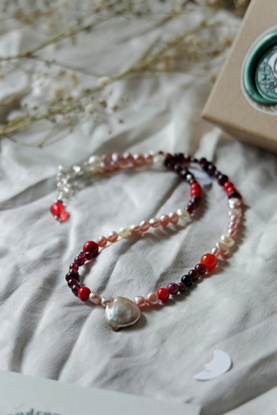 Garnet and Keishi pearl sterling silver gemstone choker necklace