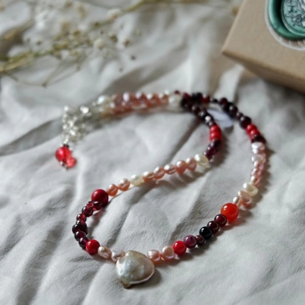 Garnet and Keishi pearl sterling silver gemstone choker necklace