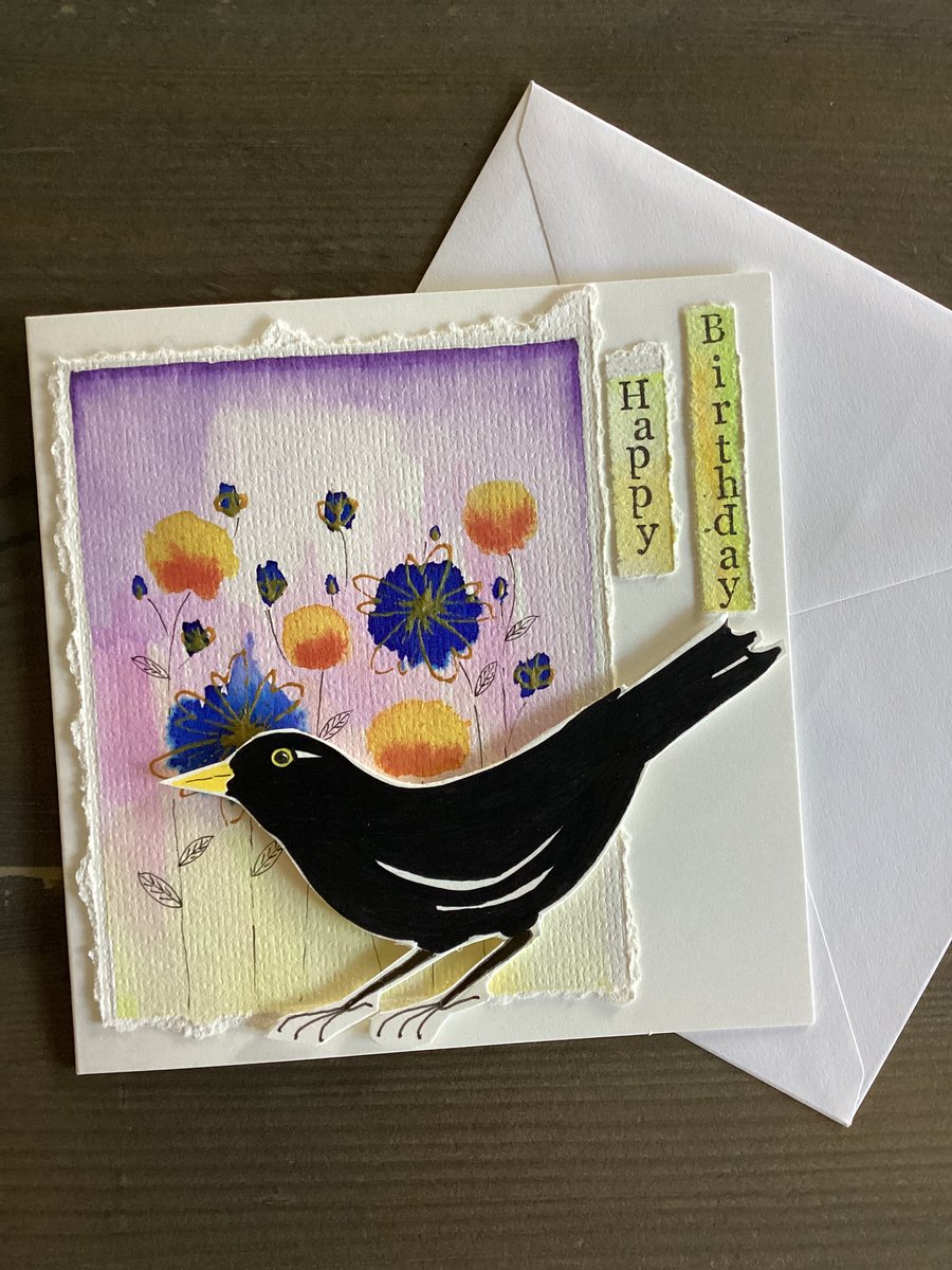 Hand painted blackbird birthday card, nature inspired card, bird lovers card