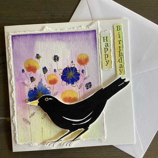 Hand painted blackbird birthday card, nature inspired card, bird lovers card