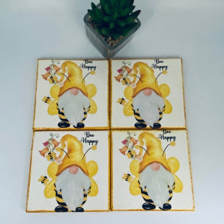 Bee Happy Wooden Coasters, Set of 4 Unique Gonk Design 