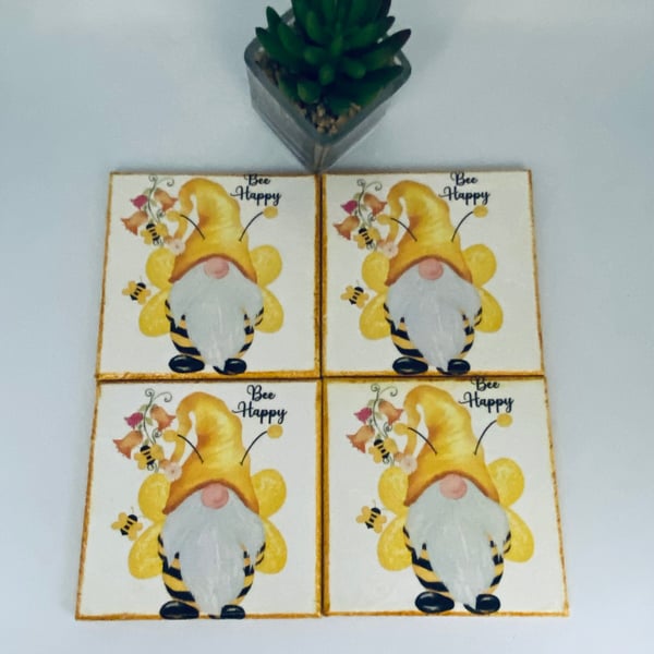 Bee Happy Wooden Coasters, Set of 4 Unique Gonk Design 