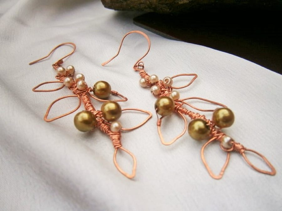 Copper Wire Wrapped Leaf and Pearl Earrings