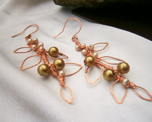 Copper Wire Wrapped Leaf and Pearl Earrings