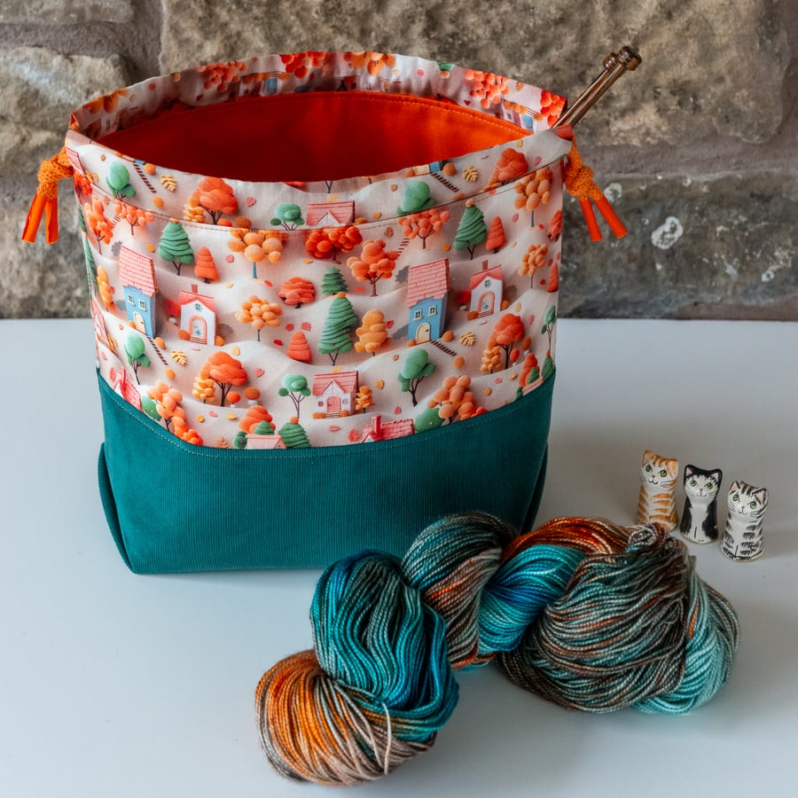 Craft storage bag featuring 3D Little Houses, drawstring closure