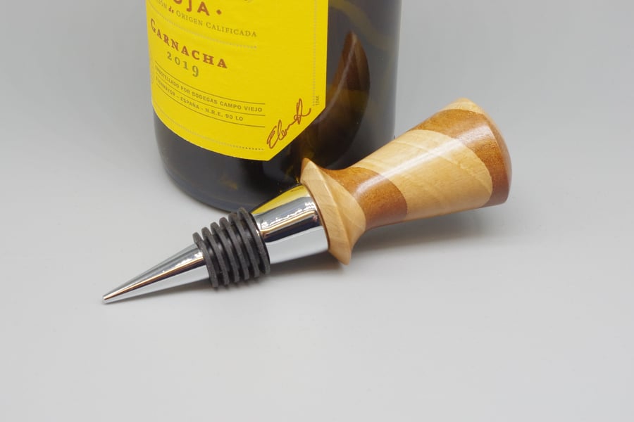 Hand Turned Wooden Bottle Stopper, Scottish Beech With Mahogany Stripes.