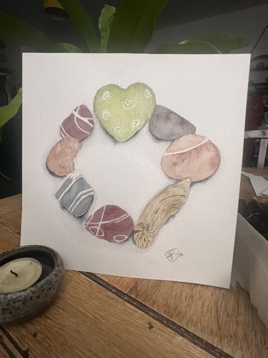 Coastal keepsakes. Pebbles and driftwood stone circle and heart watercolour