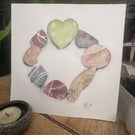 Coastal keepsakes. Pebbles and driftwood stone circle and heart watercolour