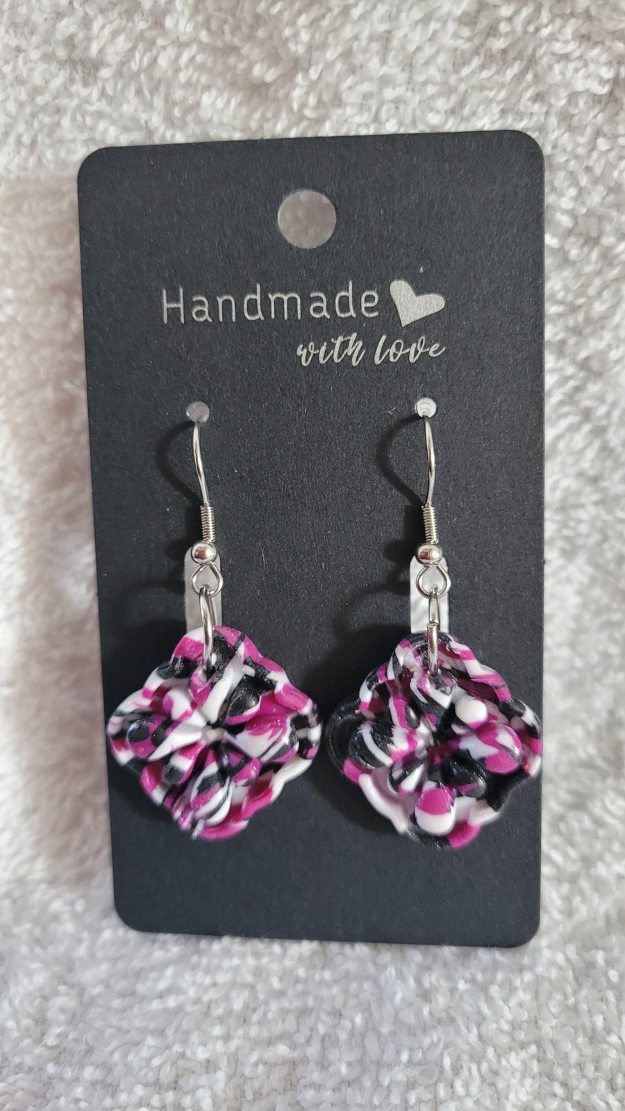 Handmade Polymer Clay Black, Purple and White Earrings. 316 Stainless Steel