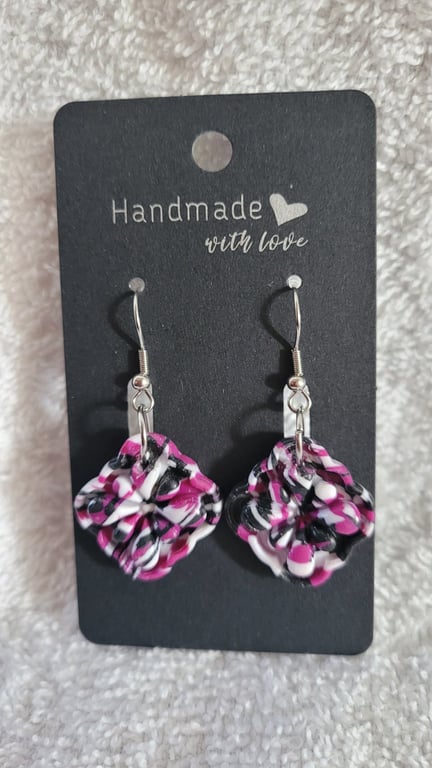 Handmade Polymer Clay Black, Purple and White Earrings. 316 Stainless Steel